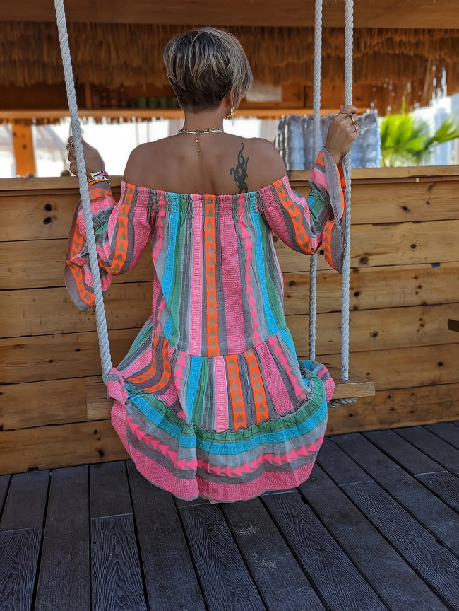 Mini Jurk met Etnische Print en Off-Shoulder