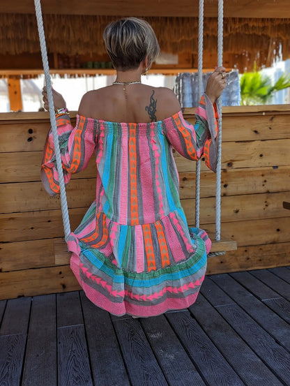 Mini Jurk met Etnische Print en Off-Shoulder