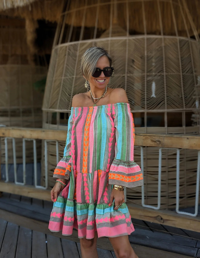 Mini Jurk met Etnische Print en Off-Shoulder