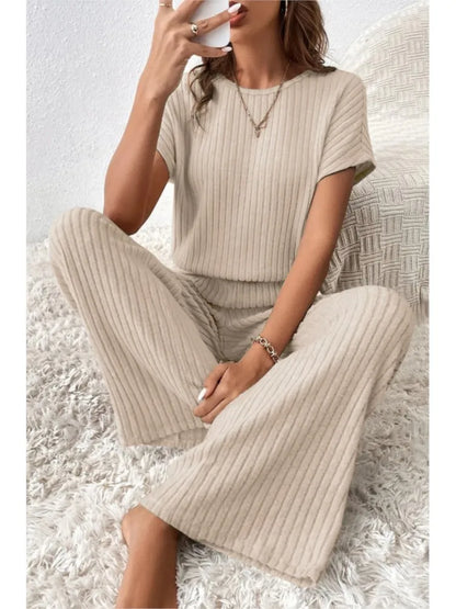 Hilka | Casual gebreide korte mouwen top en broek Set