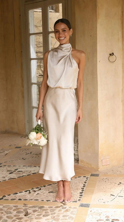Maxi Jurk met Elastische Taille en Satijnen Draperie bij de Hals