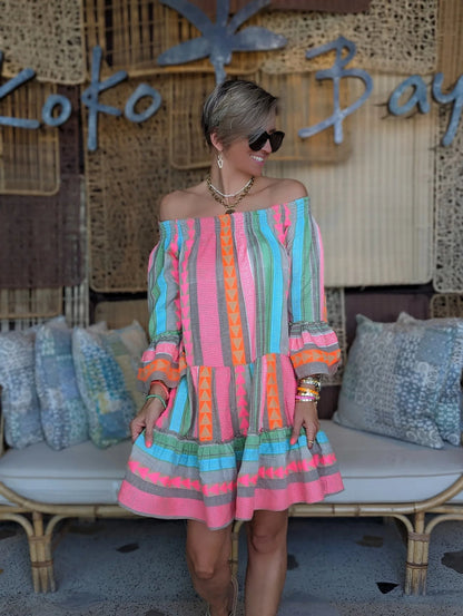Mini Jurk met Etnische Print en Off-Shoulder