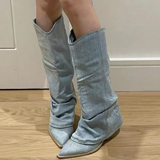 Rachel - Stijlvolle Denim Knielaarzen voor Vrouwen