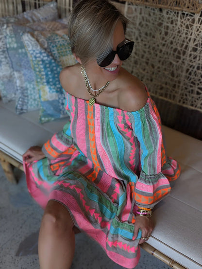 Mini Jurk met Etnische Print en Off-Shoulder
