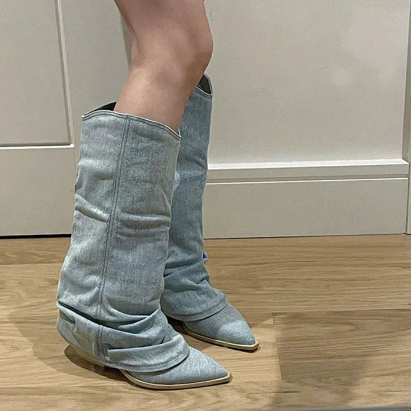 Rachel - Stijlvolle Denim Knielaarzen voor Vrouwen