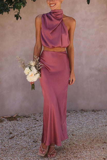 Set met Hoge Hals in Satijn en Maxi Rok