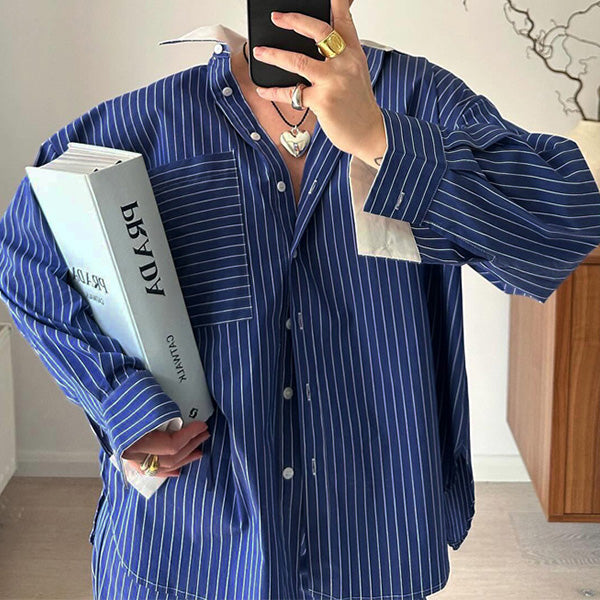 Olympia | Stijlvol blauw gestreept overhemd met lange mouwen en broek Set