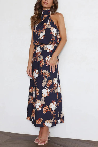 Bloemen Halternek Elastische Taille Midi Feestjurk
