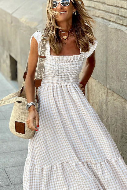Multi Plaid Gesmokte Buste Maxi Jurk