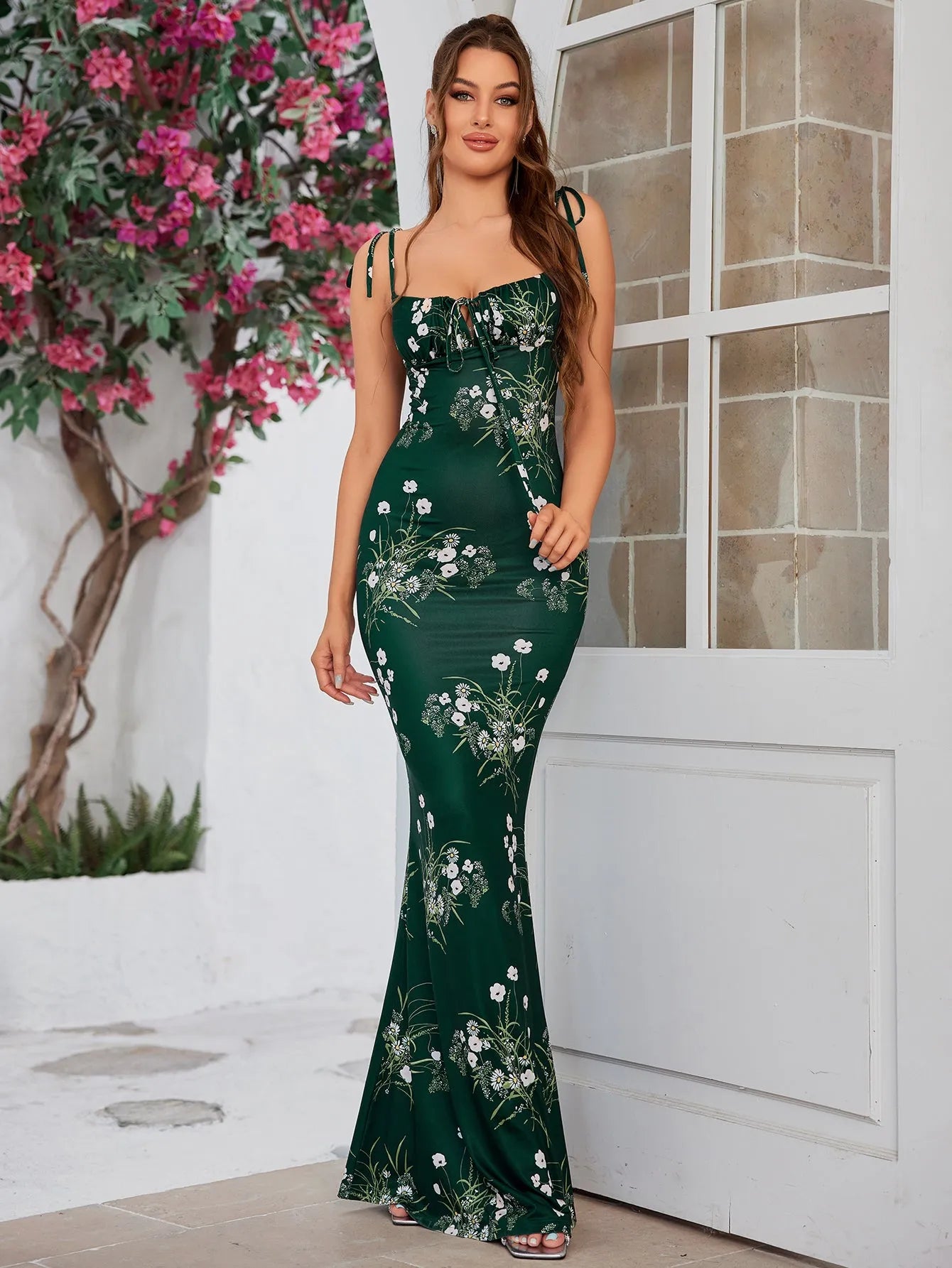 Strikschouder Fishtail Hem Bloemenprint Promjurk