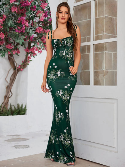 Strikschouder Fishtail Hem Bloemenprint Promjurk
