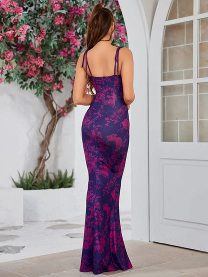 Strikschouder Fishtail Hem Bloemenprint Promjurk