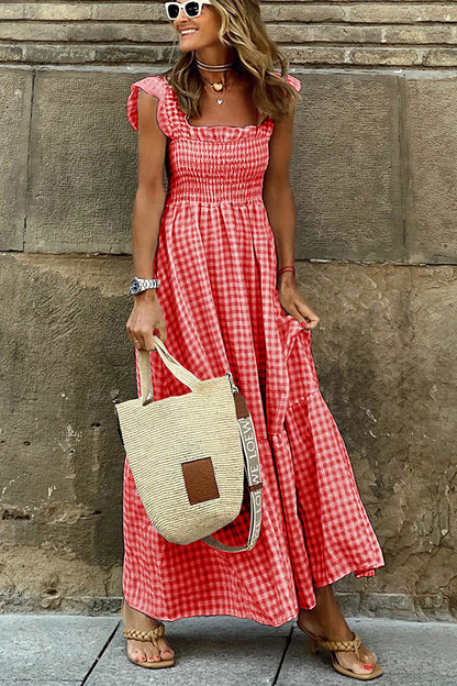 Multi Plaid Gesmokte Buste Maxi Jurk