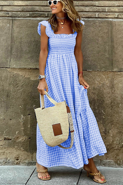 Multi Plaid Gesmokte Buste Maxi Jurk