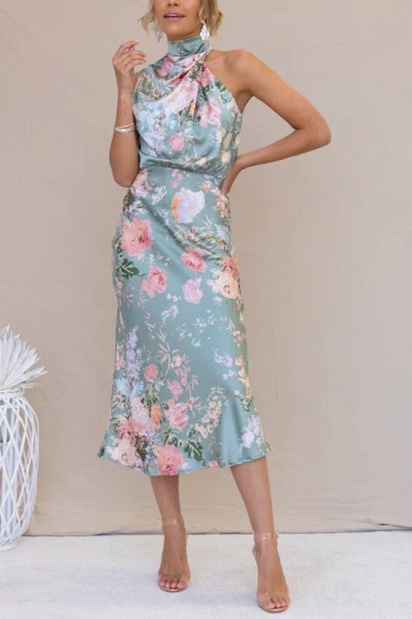 Bloemen Halternek Elastische Taille Midi Feestjurk