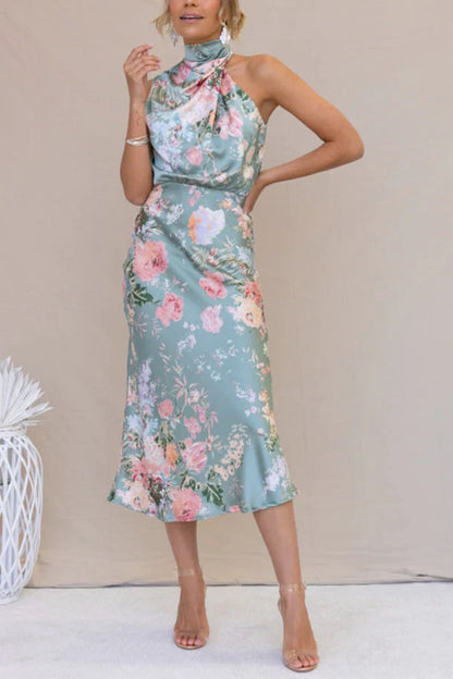 Bloemen Halternek Elastische Taille Midi Feestjurk