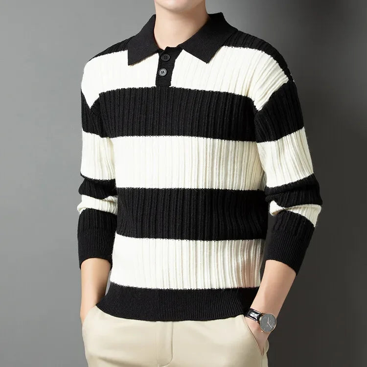 Goran | Klassieke gestreepte slim-fit warm gebreide polotrui