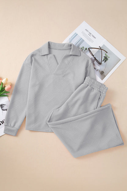 Nicola | Casual V-hals top met kraag & wijde broek set