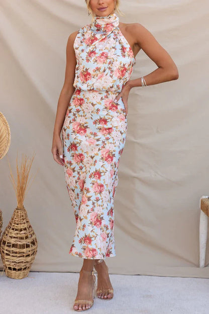 Bloemen Halternek Elastische Taille Midi Feestjurk