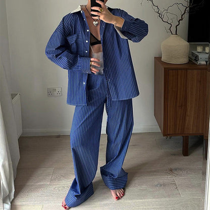 Olympia | Stijlvol blauw gestreept overhemd met lange mouwen en broek Set