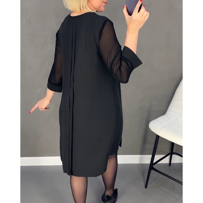 Geplooide Jurk in Effen Kleur Gepatcht Mesh