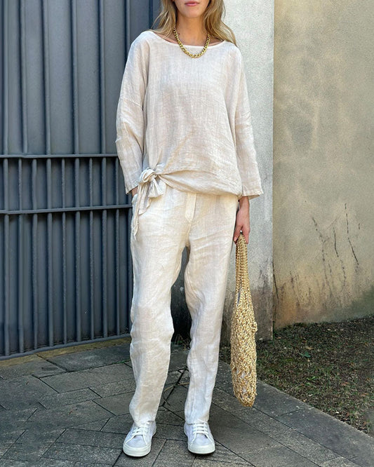 Piper | Katoenen linnen kanten top & broek set