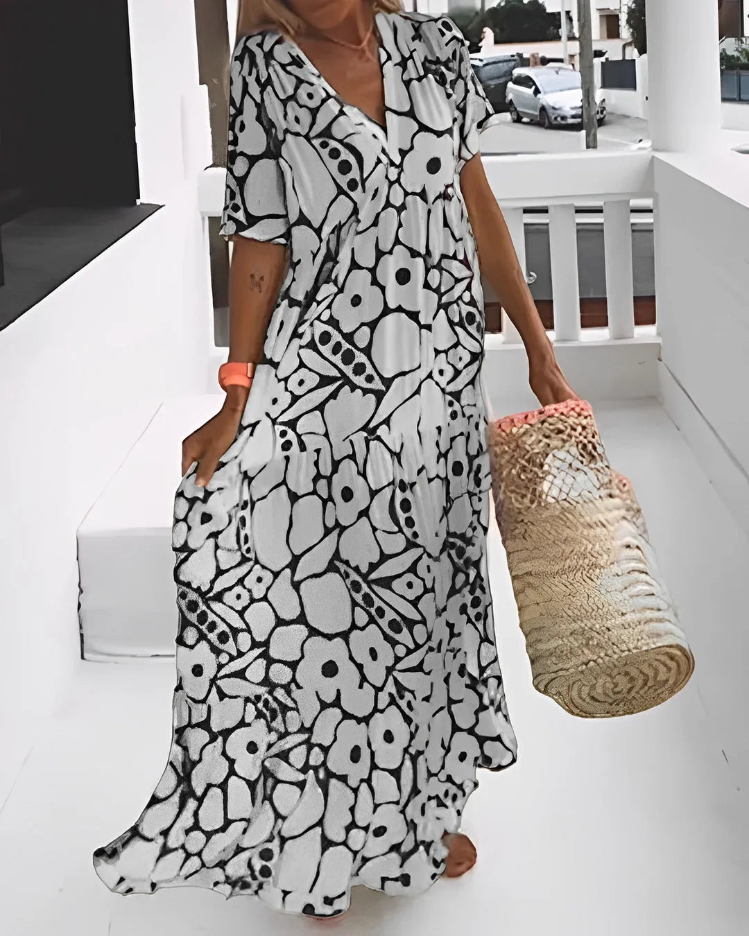 Maxi Jurk met Bloemenprint en Korte Mouwen