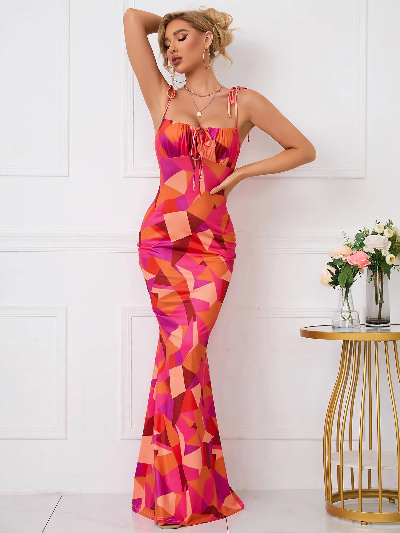 Strikschouder Fishtail Hem Bloemenprint Promjurk
