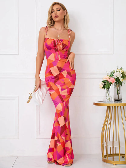 Strikschouder Fishtail Hem Bloemenprint Promjurk