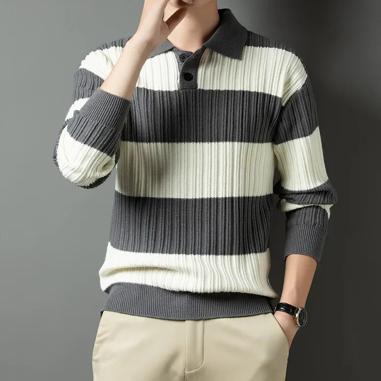 Goran | Klassieke gestreepte slim-fit warm gebreide polotrui