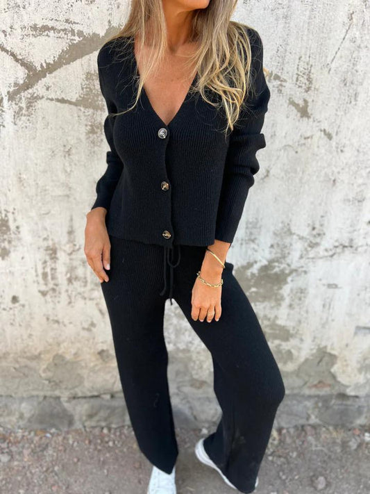 Heliane | Elegante geribde gebreide set met lange mouwen en broek - Comfortabele loungewear