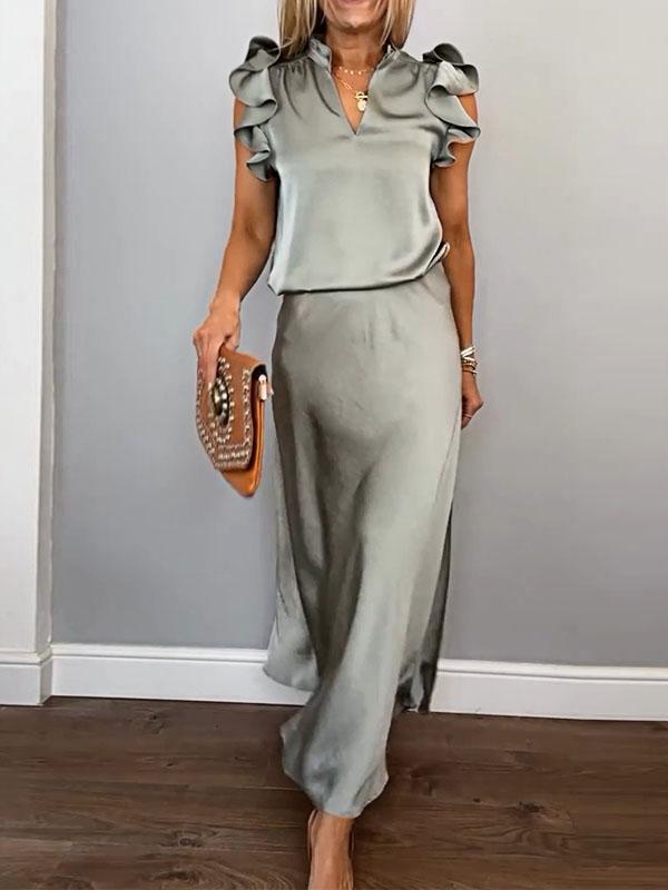 Libby | Elegante Satijnen V-hals Top en Rok Tweedelige Set