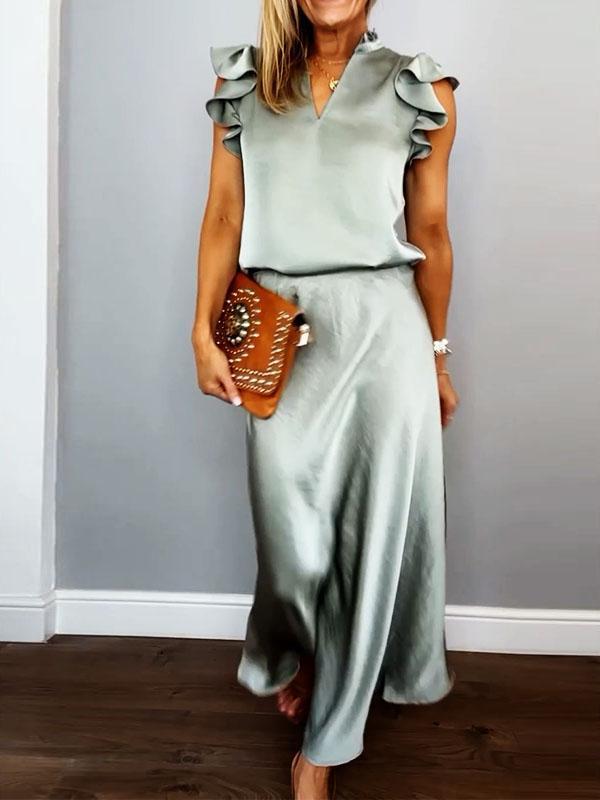 Libby | Elegante Satijnen V-hals Top en Rok Tweedelige Set