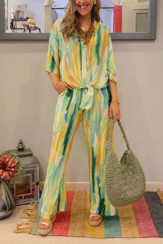 Emina | Casual gestreepte kanten top en broek set