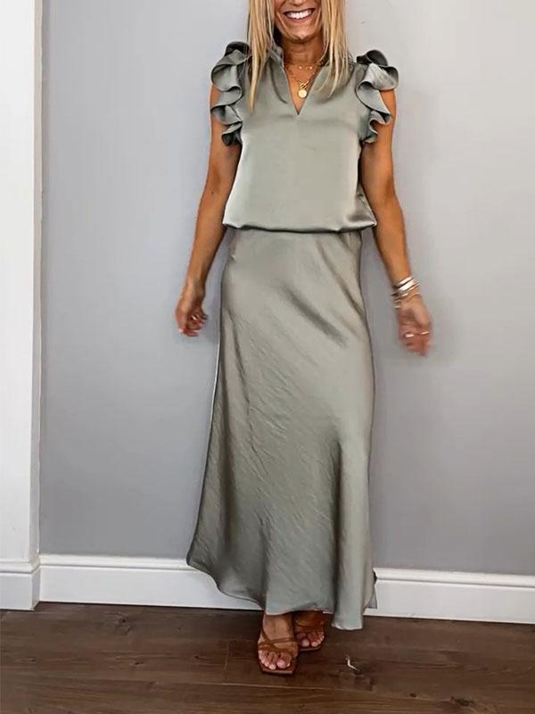 Libby | Elegante Satijnen V-hals Top en Rok Tweedelige Set