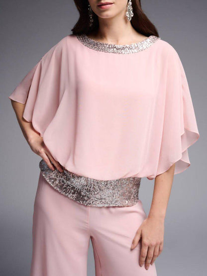 Roze Tweedelige Set met Top met Ronde Hals en bBroek met Wijde Pijpen