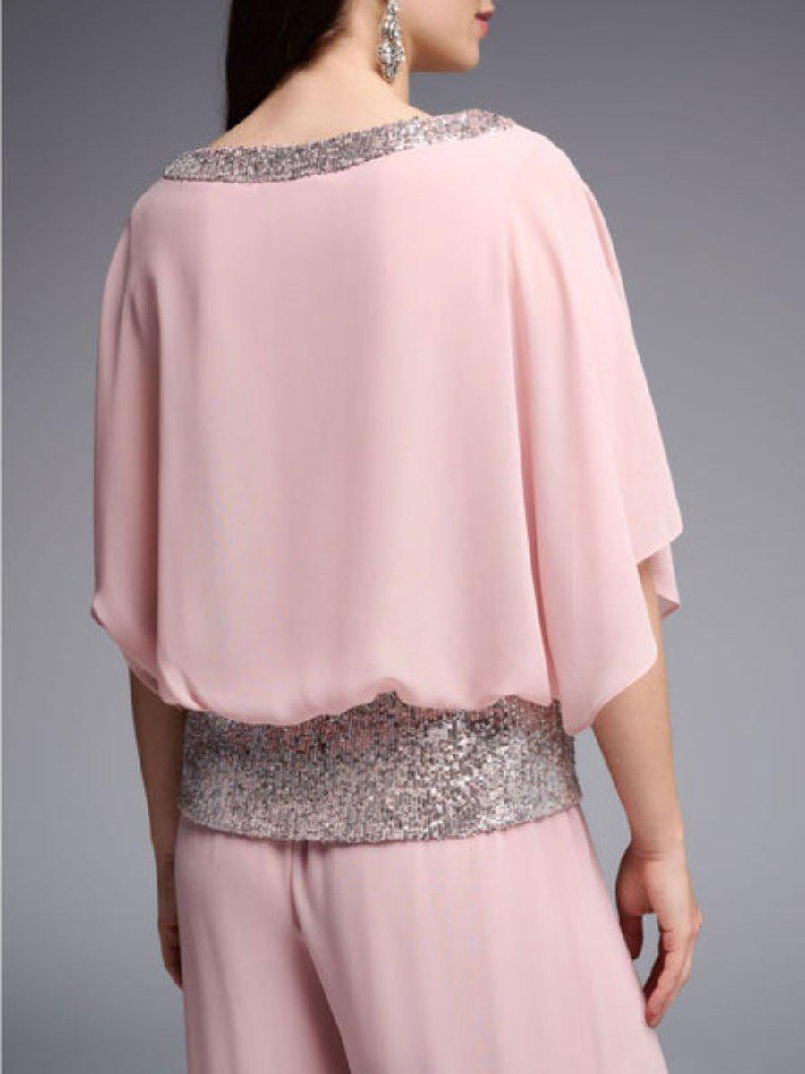 Roze Tweedelige Set met Top met Ronde Hals en bBroek met Wijde Pijpen